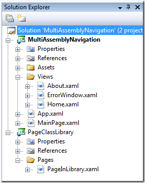 Solution structure showing /Pages/PageInLibrary.xaml in a class library called PageClassLibrary