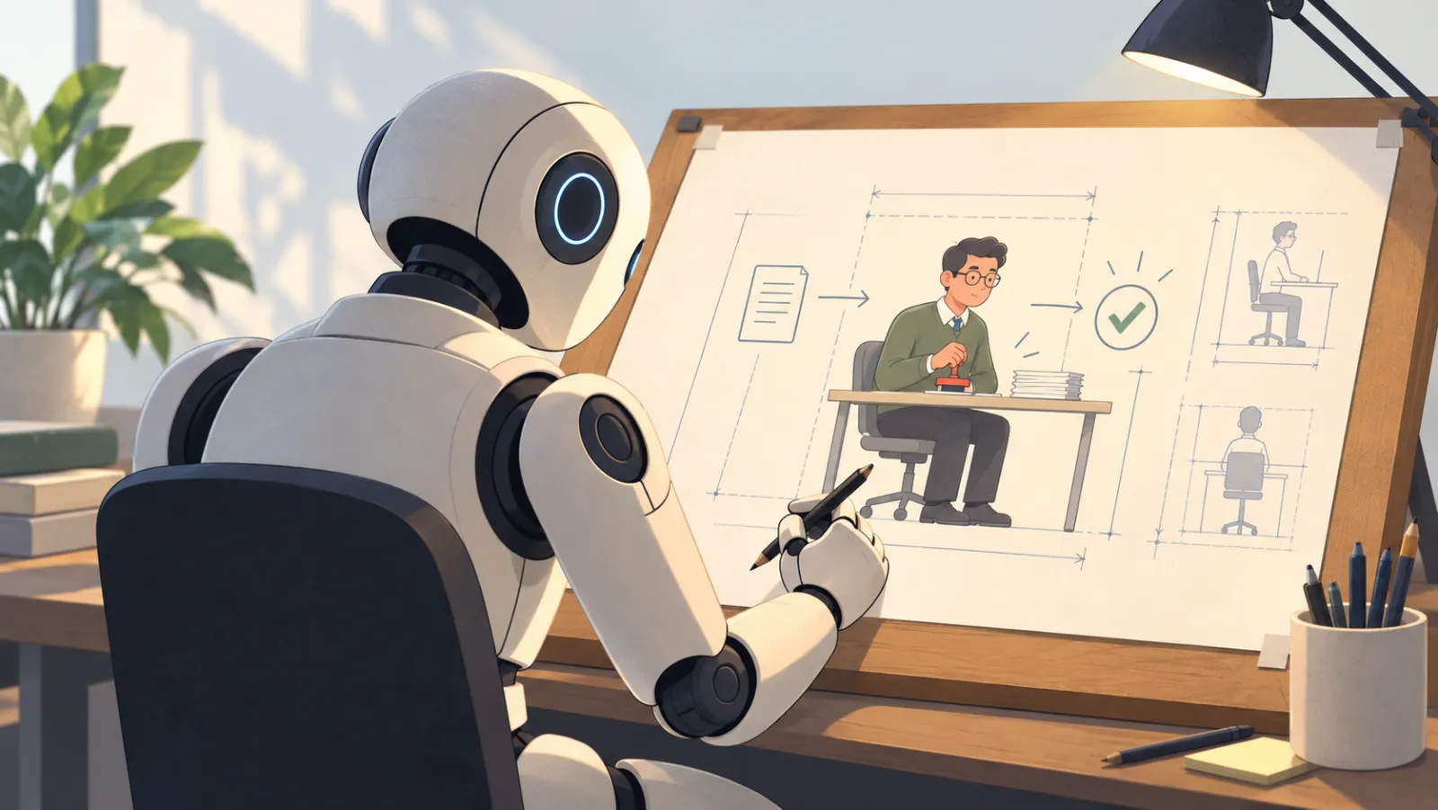 A robot at a drafting table sketches a workflow in which a person sits between a document and a checkmark, stamping approvals.